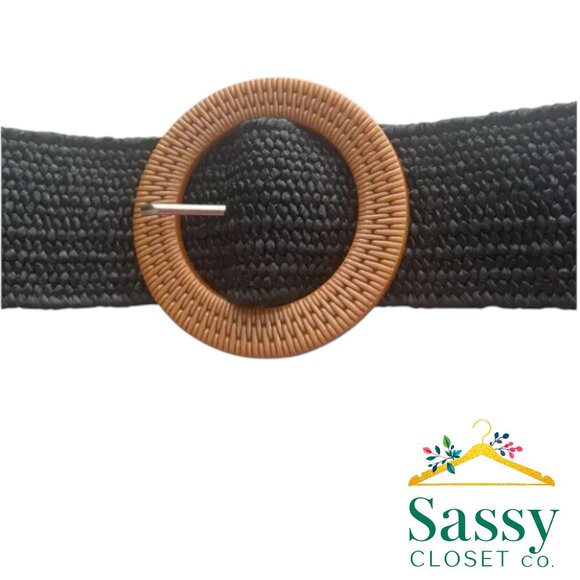 Modern Black Woven Belt Brown Circular Buckle Boho Raffia Inspired 36.5" NWOT - Picture 2 of 4